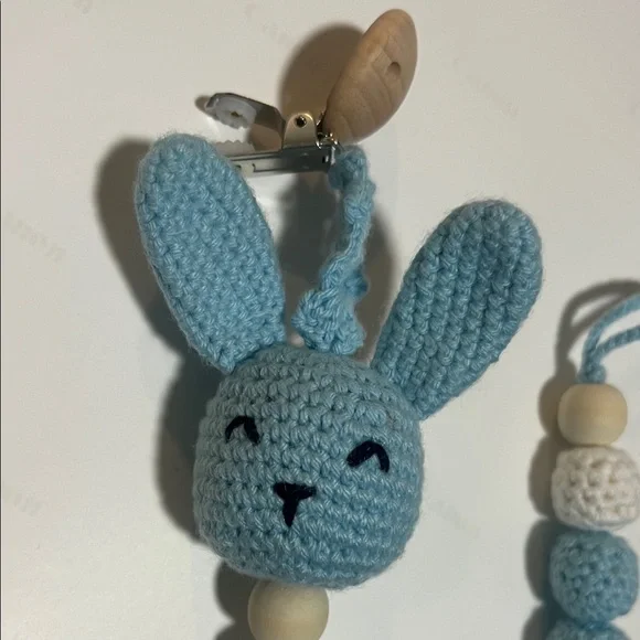 Hand Made Blue and White Bunny Pacifier Clip - Picture 4 of 5